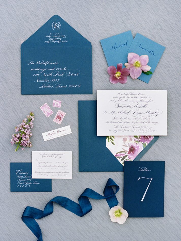 full invitation suite with blue envelopes austin texas wedding calligrapher