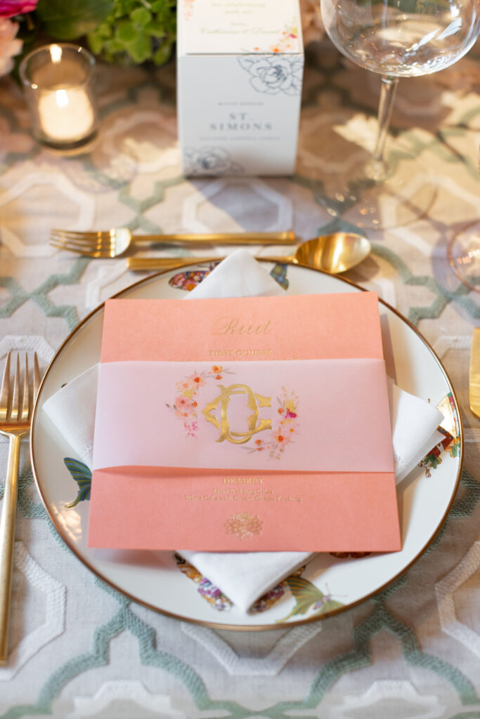 Ritz Carlton Dallas wedding calligraphy on a plate.